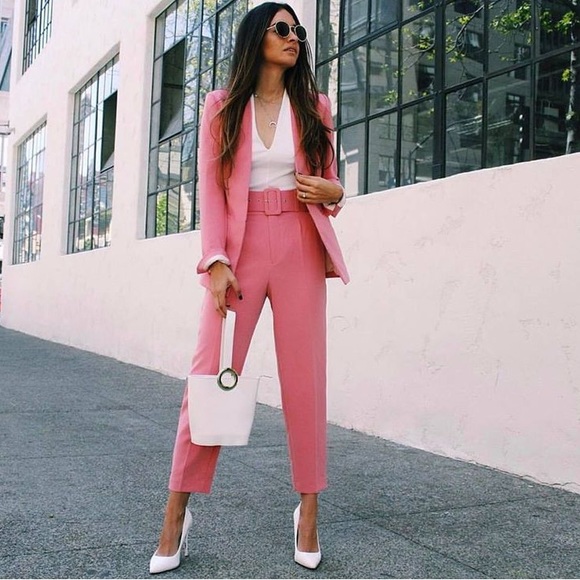 Zara Pants - - Zara pink belted  classic Pant Suit
